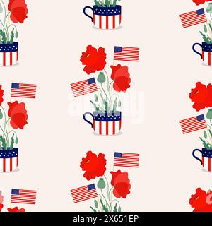 Memorial Day. Festive Seamless pattern. American flags in symbolic cup with red poppy flowers. Vector illustration for design national traditional hol Stock Vector