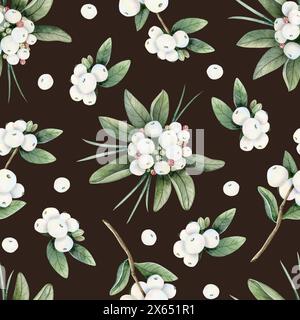 Dark brown white snowberry berries branches with green leaves watercolor seamless pattern. Christmas floral background Stock Photo