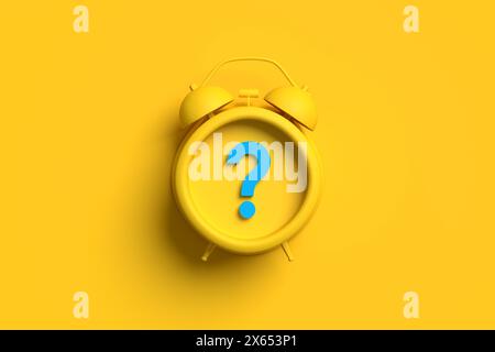 Yellow alarm clock with question mark symbol on background. Time management or FAQ frequently asked questions concept. 3D render. Stock Photo