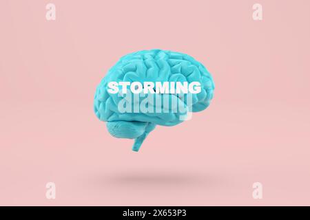 Blue colored human brain with the word storming floating on pink background. Brainstorming concept. 3D render. Stock Photo