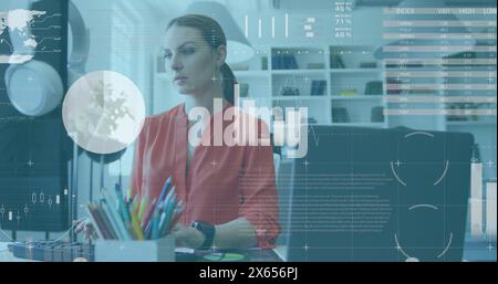 Image of statistical data processing against thoughtful caucasian woman using computer at office Stock Photo