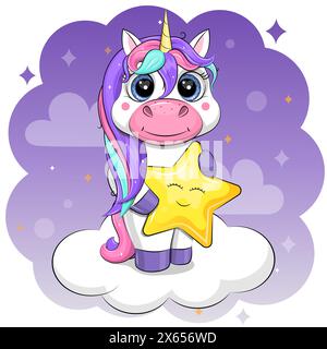 Cute cartoon unicorn is holding a yellow star and standing on a cloud. Night vector illustrationof animal on a purple background. Stock Vector