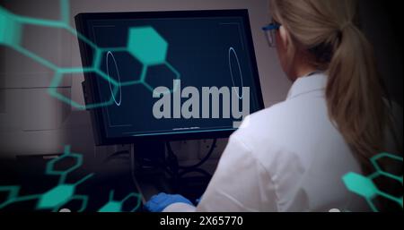 Image of chemical formulas and data processing over caucasian female lab worker Stock Photo