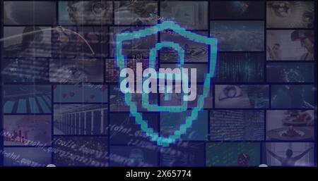 Image of online security padlock and data processing on screens Stock Photo