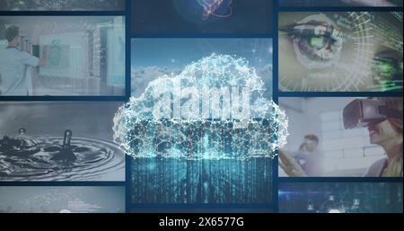 Image of digital cloud and data processing on screens Stock Photo