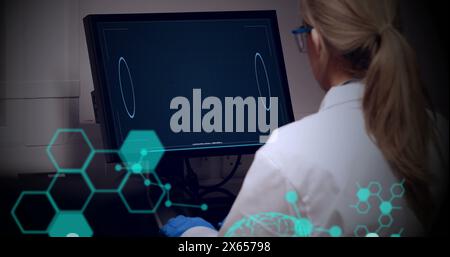 Image of chemical formulas and data processing over caucasian female lab worker Stock Photo