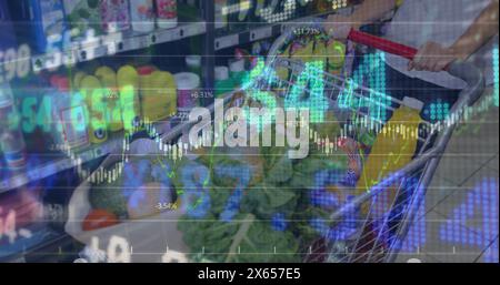 Image of financial data processing over warehouse Stock Photo