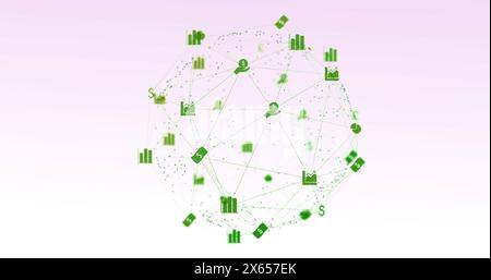 Digital image of globe of digital icons spinning with copy space on white background Stock Photo