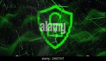 Image of digital shield with padlock over green waves on black background Stock Photo