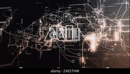 Image of network of connections and ai text over black background Stock Photo