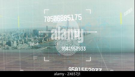 Image of data processing and fingerprint over cityscape Stock Photo