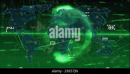 Image of icons, data, globe and world map on green background Stock Photo