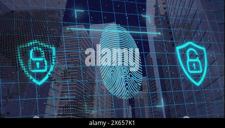 Image of fingerprint scanning over office buildings Stock Photo