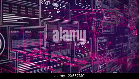 Image of digital interface screens with charts, graphs and data over abstract background Stock Photo