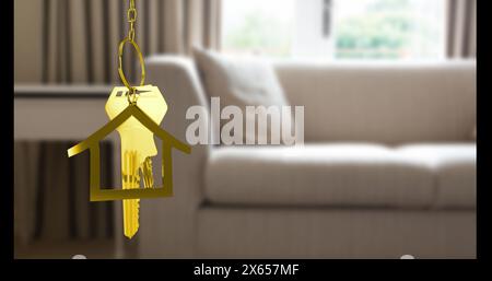 Image of golden key and house over house interior Stock Photo