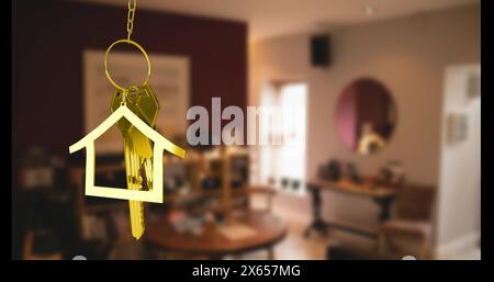 Image of golden key and house over house interior Stock Photo