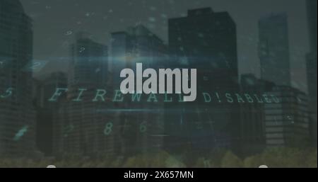 Image of cyber attack warning over cityscape Stock Photo