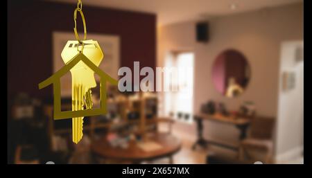 Image of golden key and house over house interior Stock Photo