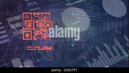 Image of data processing over globe and qr code Stock Photo