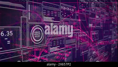 Image of digital interface screens with charts, graphs and data over abstract background Stock Photo
