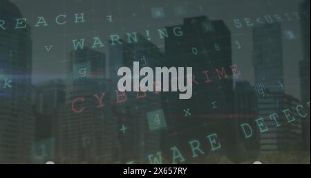 Image of cyber attack warning over cityscape Stock Photo