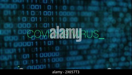 Image of covid 19 virus text in green and interference over binary data processing Stock Photo