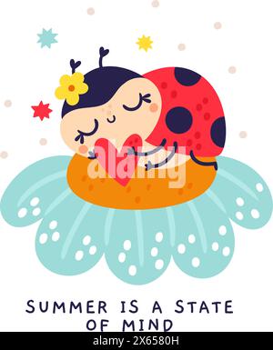 Cartoon ladybug card. Cute kids character. Beetles with polka dot. Ladybird sleeping on flower. Love heart. Funny red insects dream. Children holiday. Stock Vector