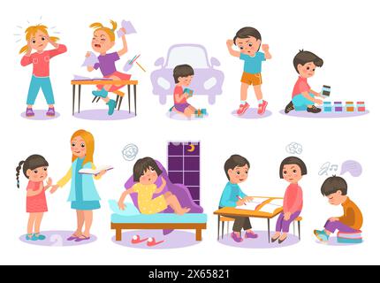 Cartoon autistic children. Kids with autist syndrome. Communication problems. Hyperactivity or autism spectrum disorder. Naughty girl in school. Alone Stock Vector