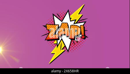 Image of boom text over retro star speech bubble and yellow flashes on pink background Stock Photo