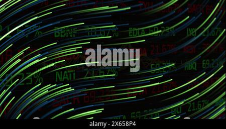 Image of light trails over data processing Stock Photo
