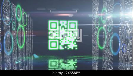 Image of gr code, neon circles, light and data processing Stock Photo