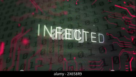 Image of infected text and binary coding data processing over computer motherboard Stock Photo
