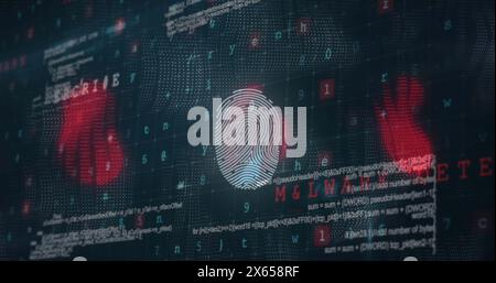 Image of data processing and fingerprint on dark background Stock Photo
