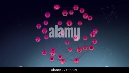 Image of network of digital icons over plexus networks against blue background Stock Photo