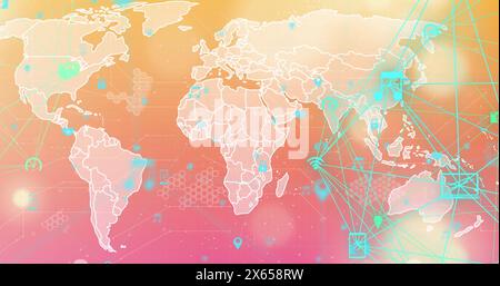 Image of two globes of digital over world map against spots of light on orange background Stock Photo