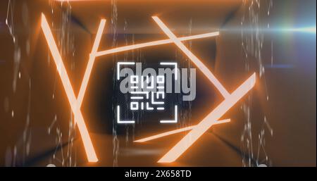 Image of lens flare, connected dots forming geometric shapes and qr code in abstract pattern Stock Photo