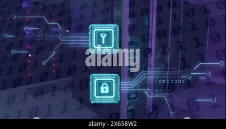 Image of online security padlock and key, binary coding over computer motherboard Stock Photo