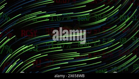 Image of light trails over data processing Stock Photo
