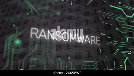 Image of ransomware text and binary coding data processing over computer motherboard Stock Photo