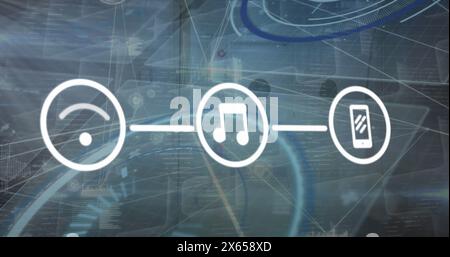 Image of data processing over media icons Stock Photo