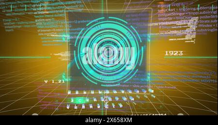 The image features a image of text, scope scanning and data processing on screens Stock Photo