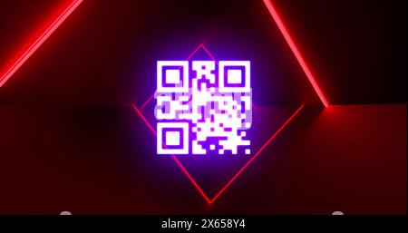 Image of glowing qr code over red rhombus pattern tunnel Stock Photo