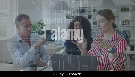Image of radar, numbers, graph, circuit board pattern over diverse coworkers discussing reports Stock Photo