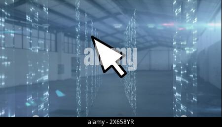 Image of arrow cursor icon over multiple screens of mosaic squares against empty warehouse Stock Photo
