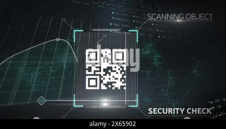 Image of gr code over graphs and data on digital screen Stock Photo
