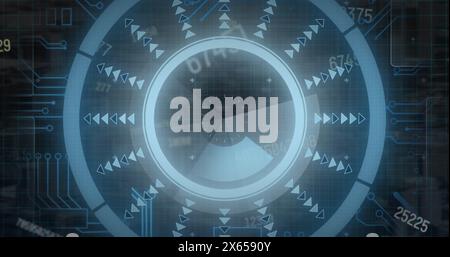Image of round scanner and multiple changing numbers against microprocessor connections Stock Photo