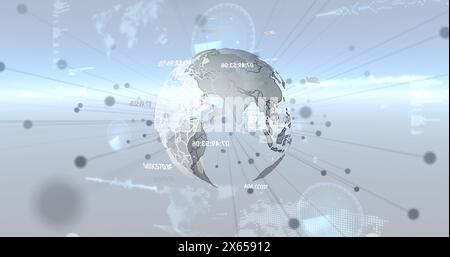 Image of connecting grey dots over spinning globe against data processing and blue light trail Stock Photo