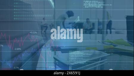 Image of binary coding, statistics and financial data processing over diverse business people Stock Photo