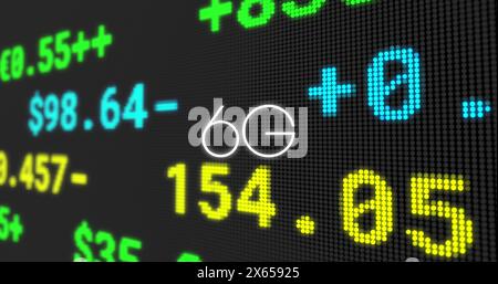 Image of 6g text banner over stock market data processing against black background Stock Photo