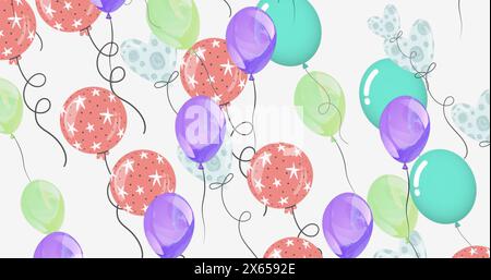 Image of heart shaped balloons and stars on balloons moving on white ...